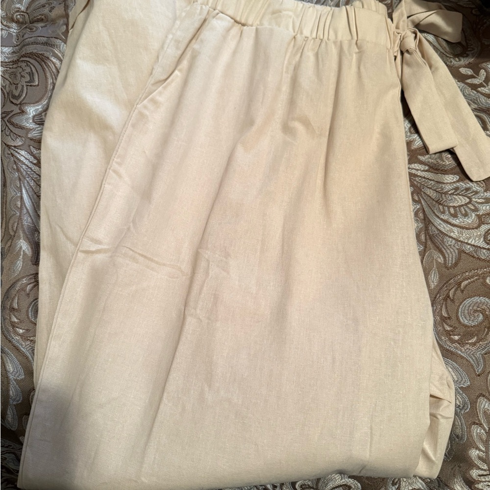 2 pc set Beige Wide-Leg Pants with Tie Waist and Top